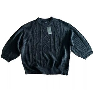 Brave Soul London Women Oversized Cozy Cable Knit Balloon Sleeve Sweater BlackXL